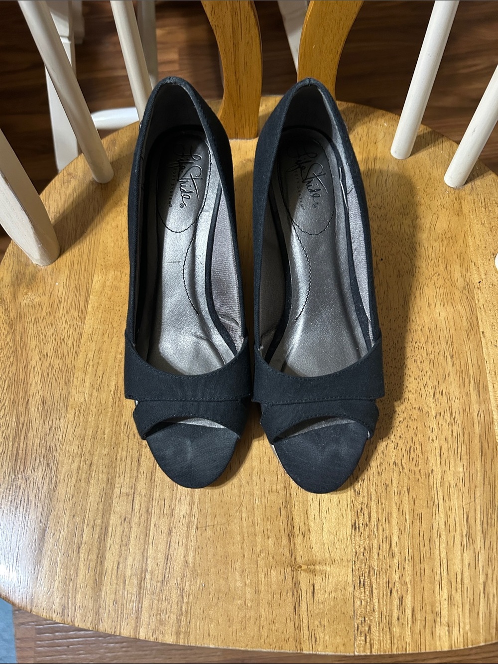 Life Stride Black Peep-Toe Heels with Subtle Bow Detail